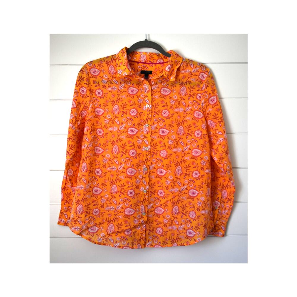 Talbots Orange Top Large Petite Floral Paisley Cotton Lightweight Shirt Bright